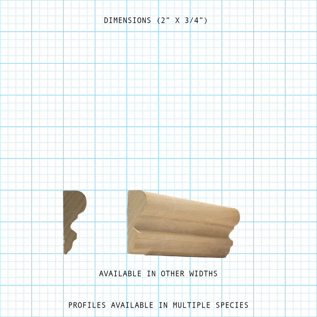 Wooden Base Cap molding profile with dimensions 2" x 3/4" on a grid background.