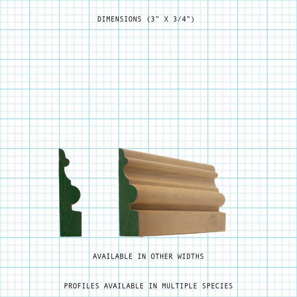 Decorative wooden Base Cap molding profile, 3" x 3/4", shown in cross-section and full length.