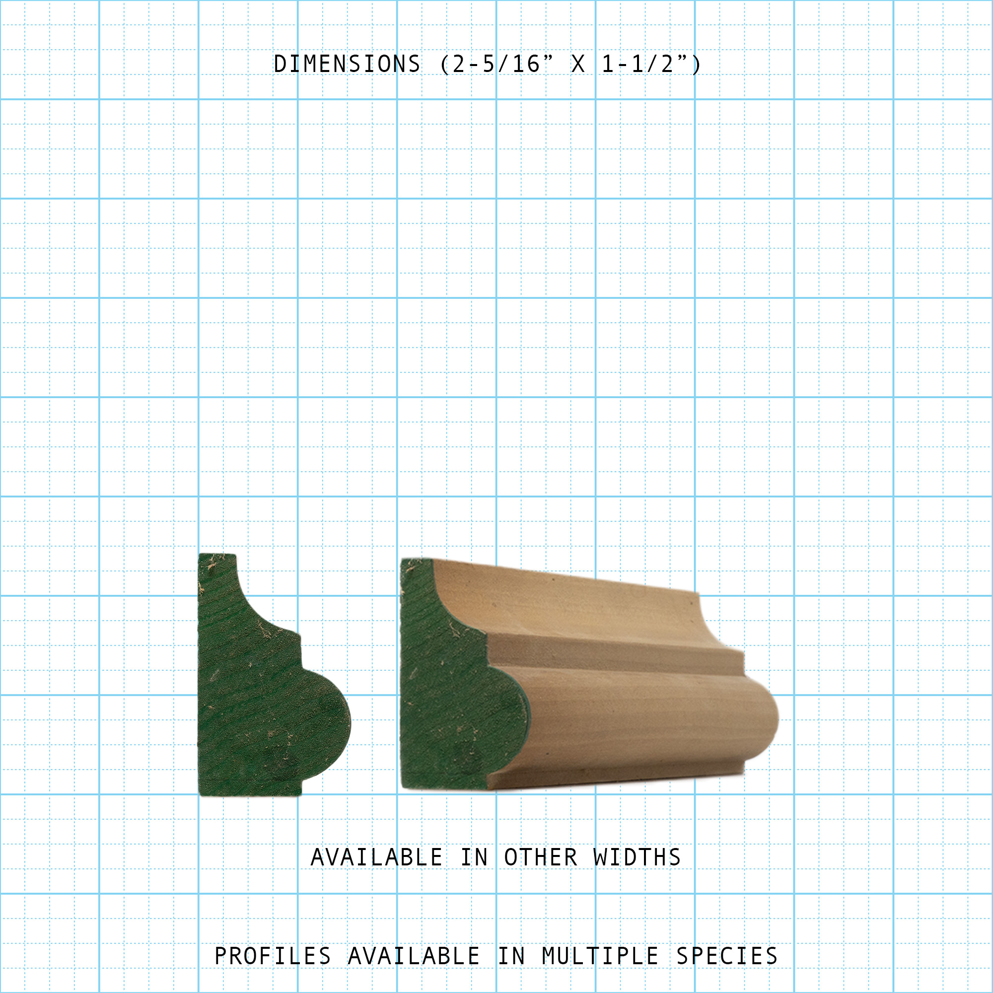 Wood base cap molding profile with dimensions 2-5/16" x 1-1/2".