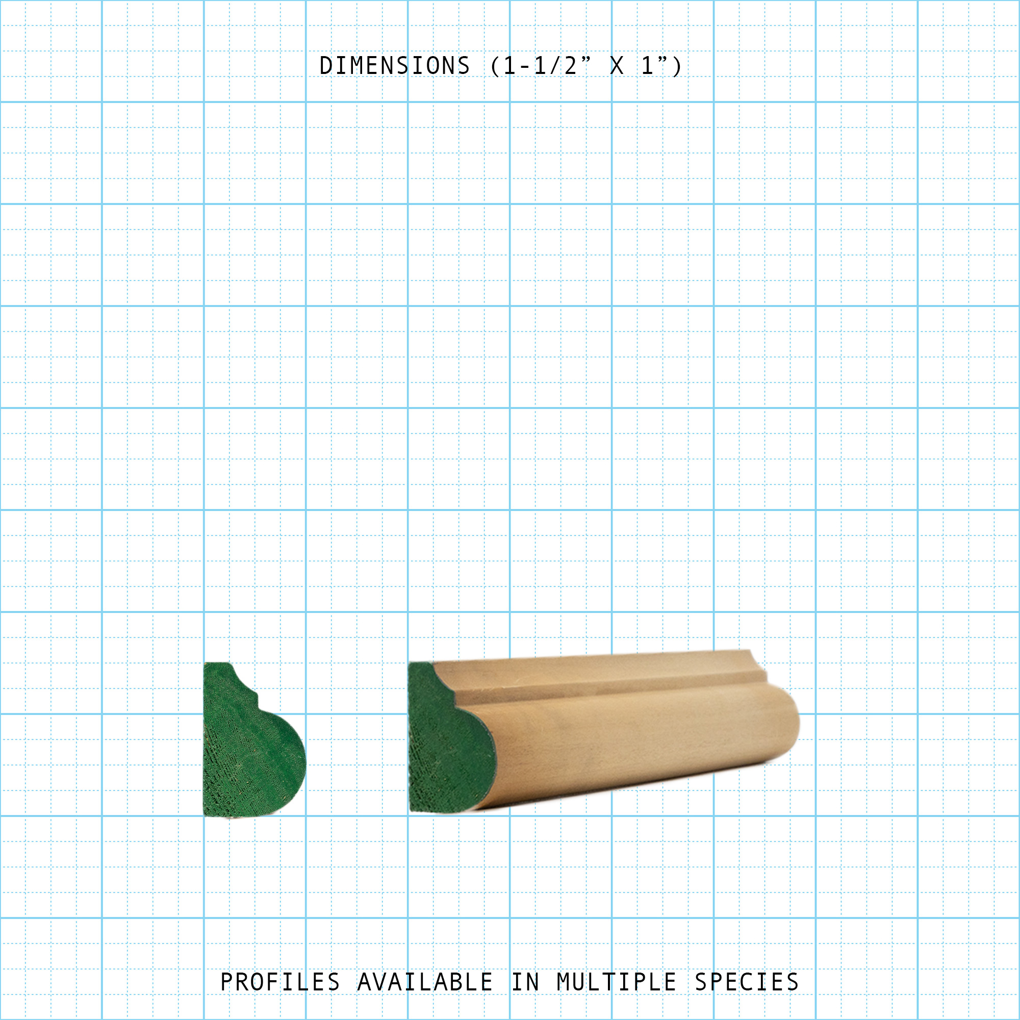Wood base cap molding, cross-section and profile view, 1-1/2" x 1" dimensions.