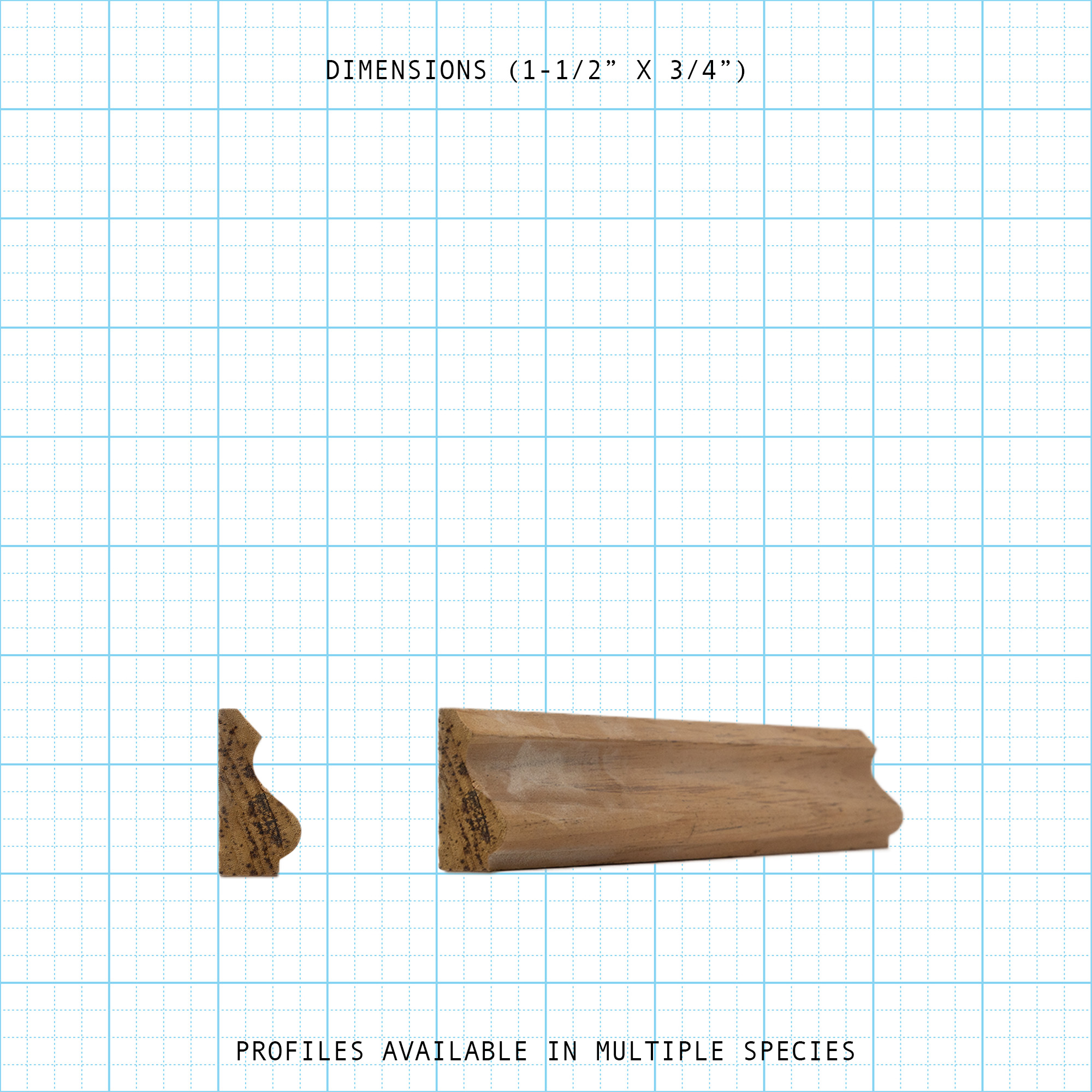 Wood Base Cap molding profile with dimensions 1-1/2" x 3/4". Multiple species available.