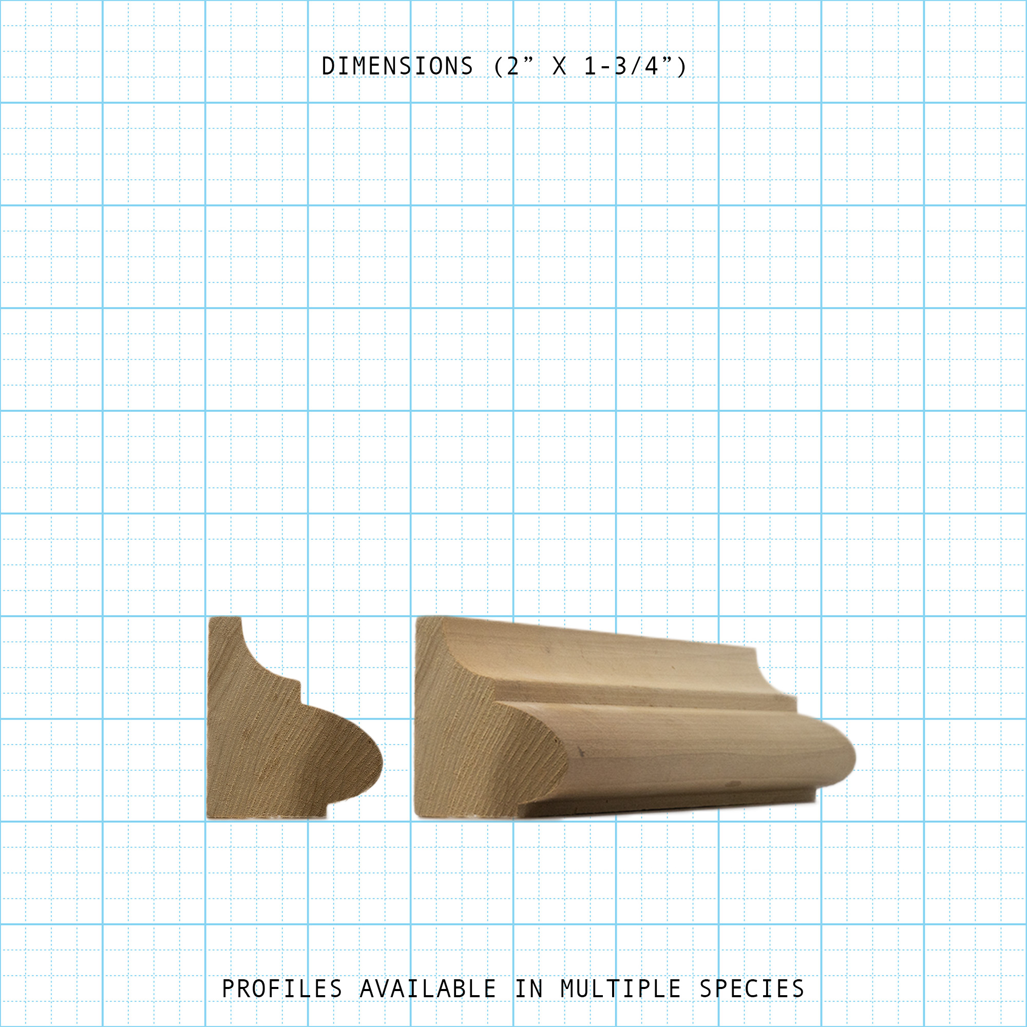 Base Cap molding cross-section and profile view with dimensions 2" x 1-3/4".