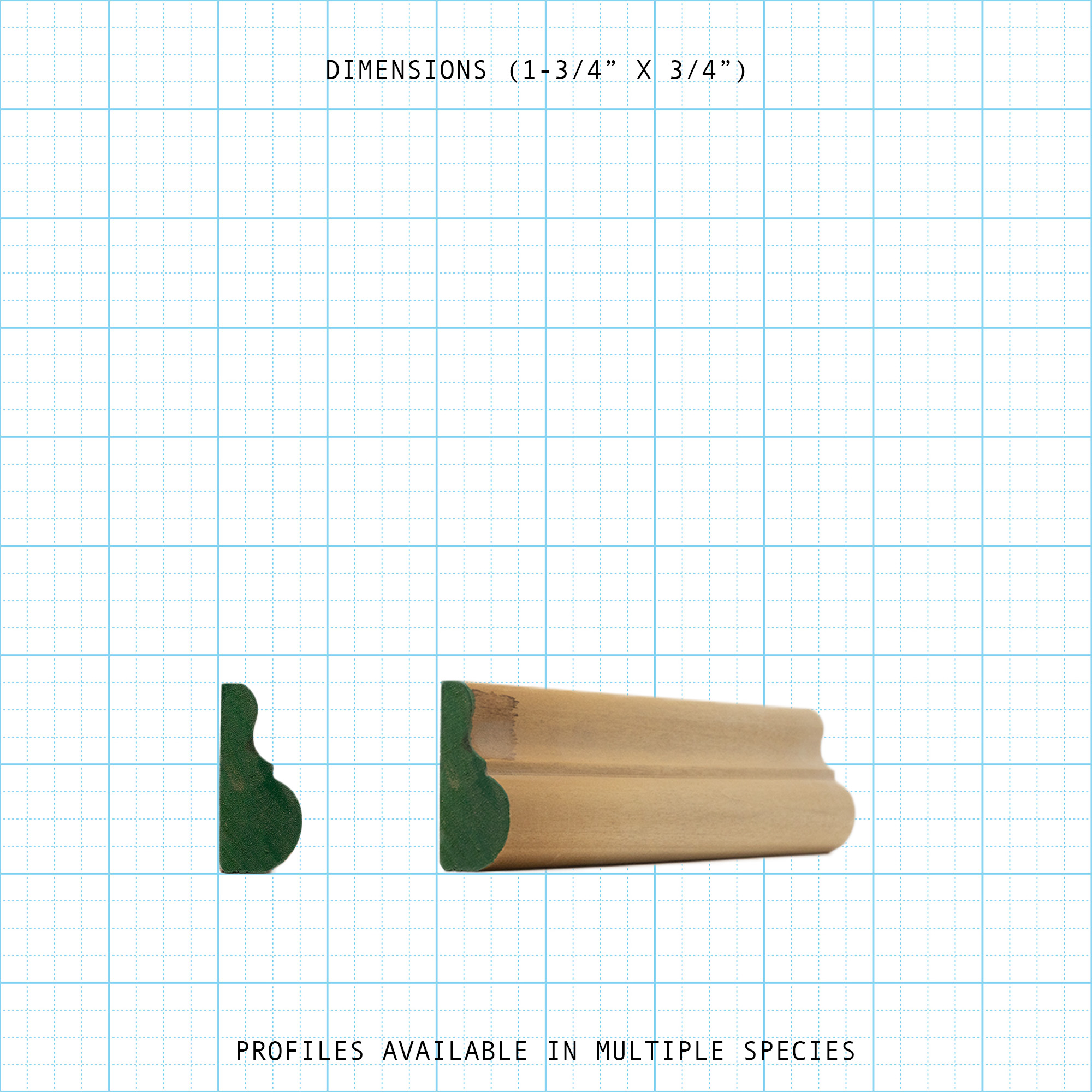 Wooden base cap molding profile and length with dimensions 1-3/4 x 3/4 inches.