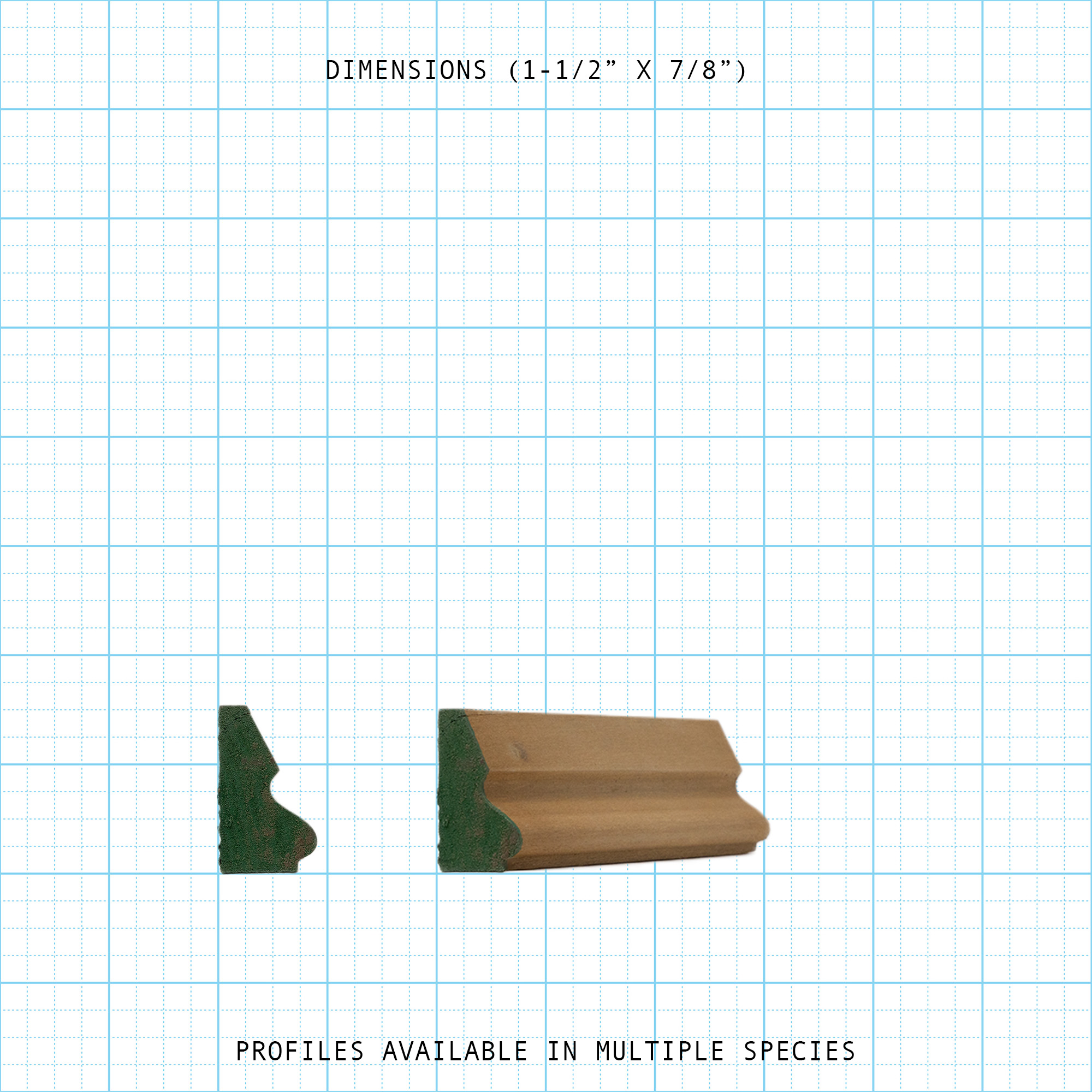 Profile and dimensions for a 1-1/2" x 7/8" Base Cap molding.