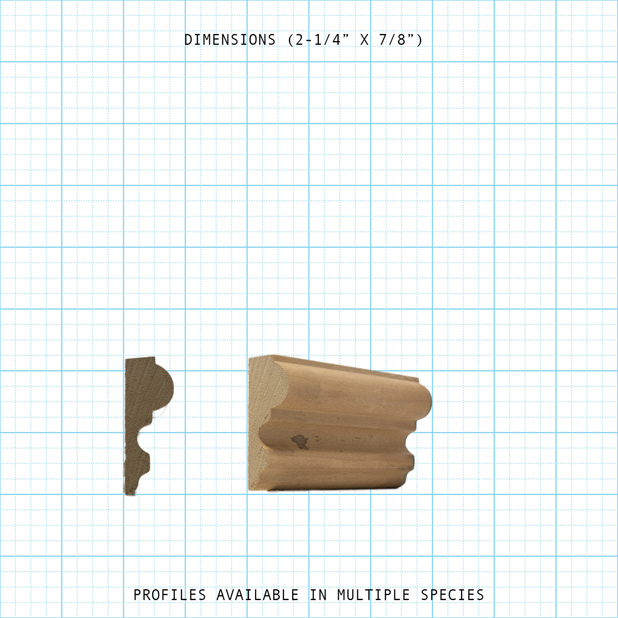 Base Cap wood molding profile with 2-1/4" x 7/8" dimensions.
