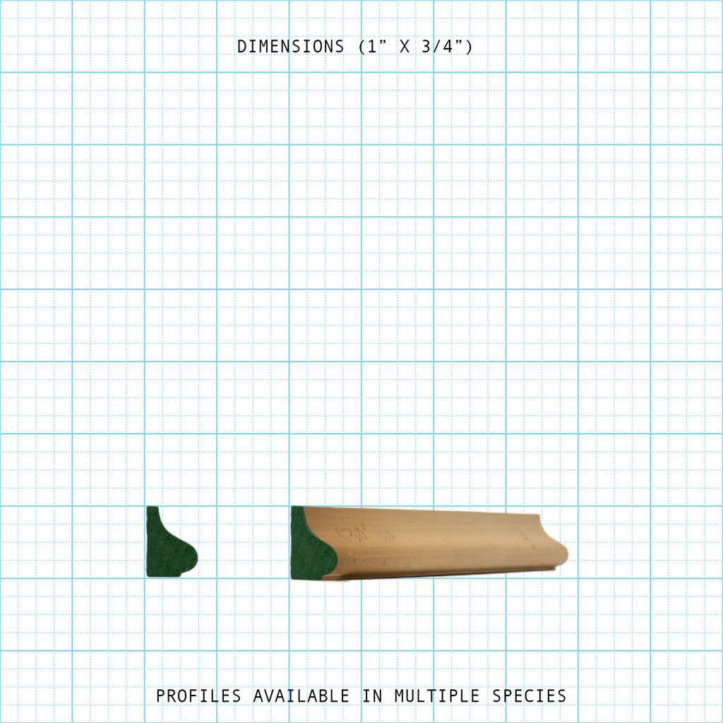 Base cap molding profile with 1" x 3/4" dimensions. Available in multiple wood species.