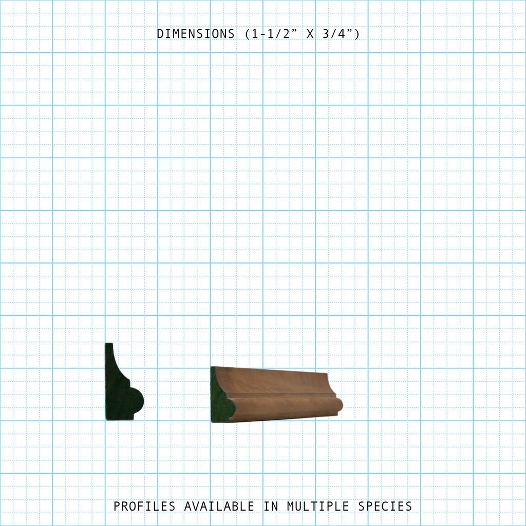 Wooden Base Cap molding profile with dimensions 1-1/2" x 3/4" on a grid background.