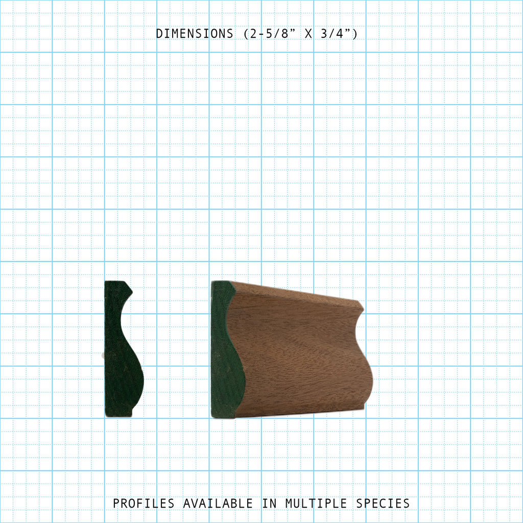 Wooden base cap molding profile with 2-5/8" x 3/4" dimensions.