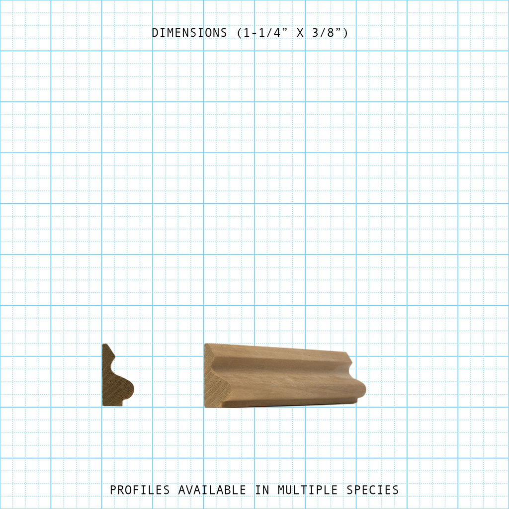 Wood base cap molding profile with 1-1/4" x 3/8" dimensions.
