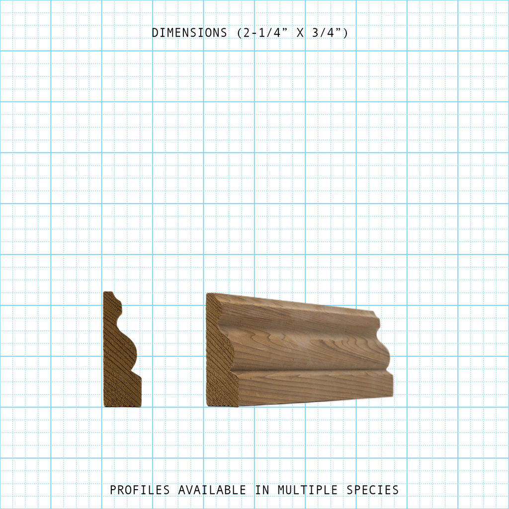 Decorative wood base cap molding profile, 2-1/4" x 3/4" dimensions.