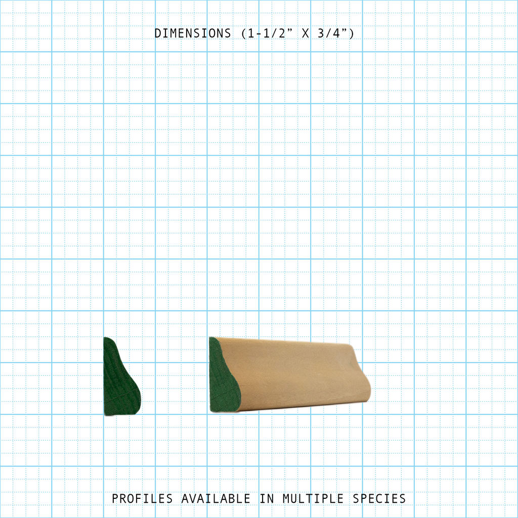 Base cap molding profile with dimensions 1-1/2" x 3/4" shown on grid.