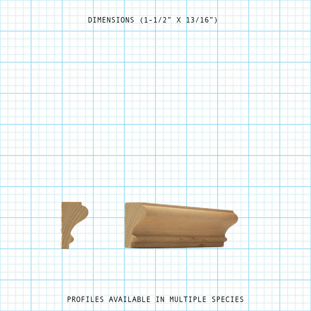 Wooden Base Cap molding, 1-1/2" x 13/16" profile. Available in multiple species.