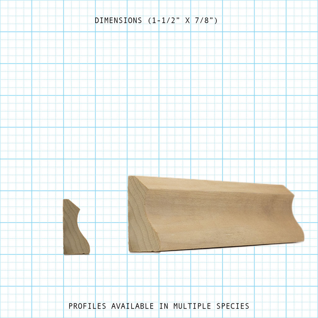 Wooden base cap moulding with a curved profile, 1-1/2" x 7/8" dimensions.