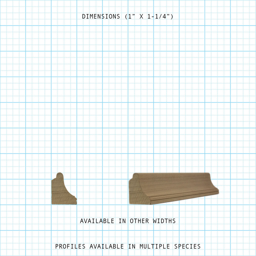 Wood Base Cap molding profile, 1" x 1-1/4" dimensions, shown on a grid background.