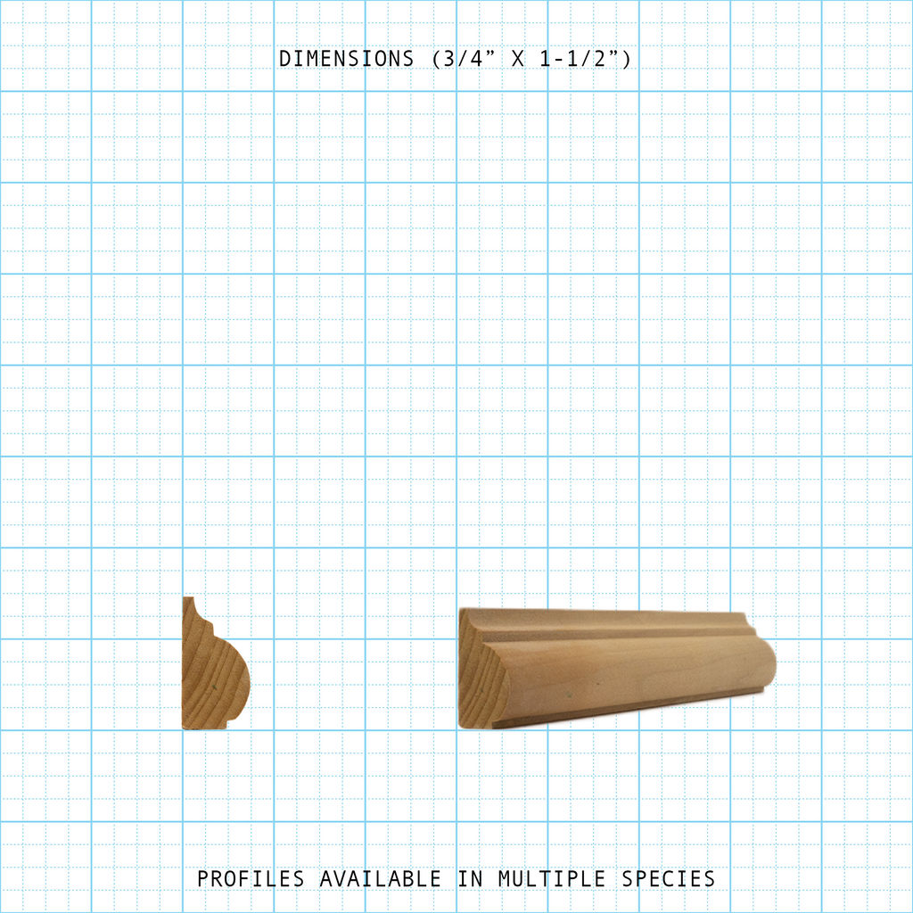 Profile and angled view of 3/4" x 1-1/2" wooden Base Cap molding.