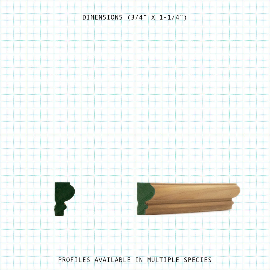 Base Cap molding profile, 3/4" x 1-1/4" dimensions, available in multiple wood species.