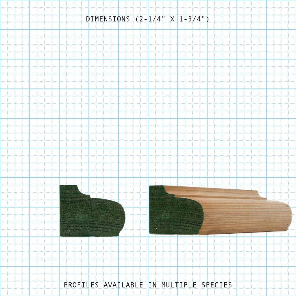 Wood base cap molding profile, 2-1/4" x 1-3/4" dimensions.