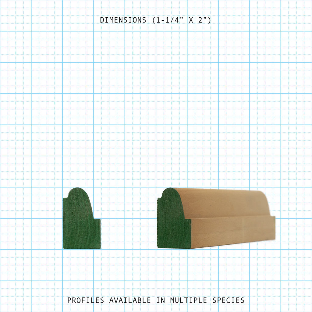 Wood Base Cap moulding profile and cross-section, 1-1/4 x 2 inches, on a grid background.