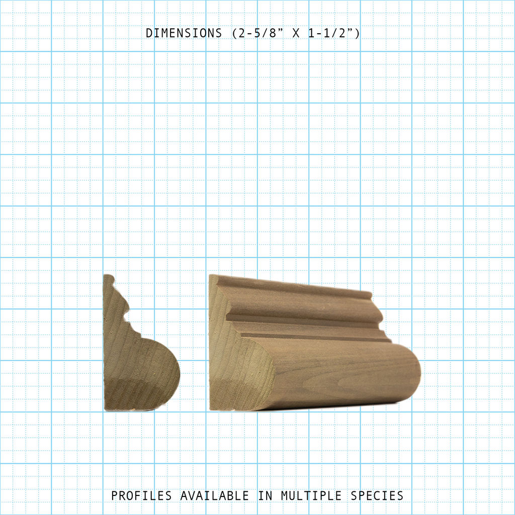 Base Cap wood molding profile with dimensions 2-5/8" x 1-1/2", showing cross-section and full view.