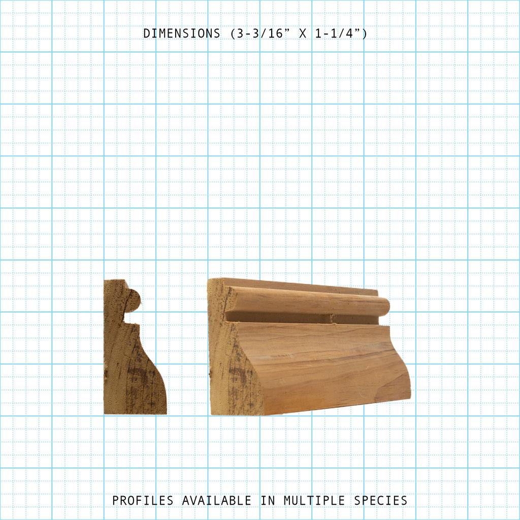 Wooden Base Cap molding profile, 3-3/16" x 1-1/4" dimensions. Available in multiple species.