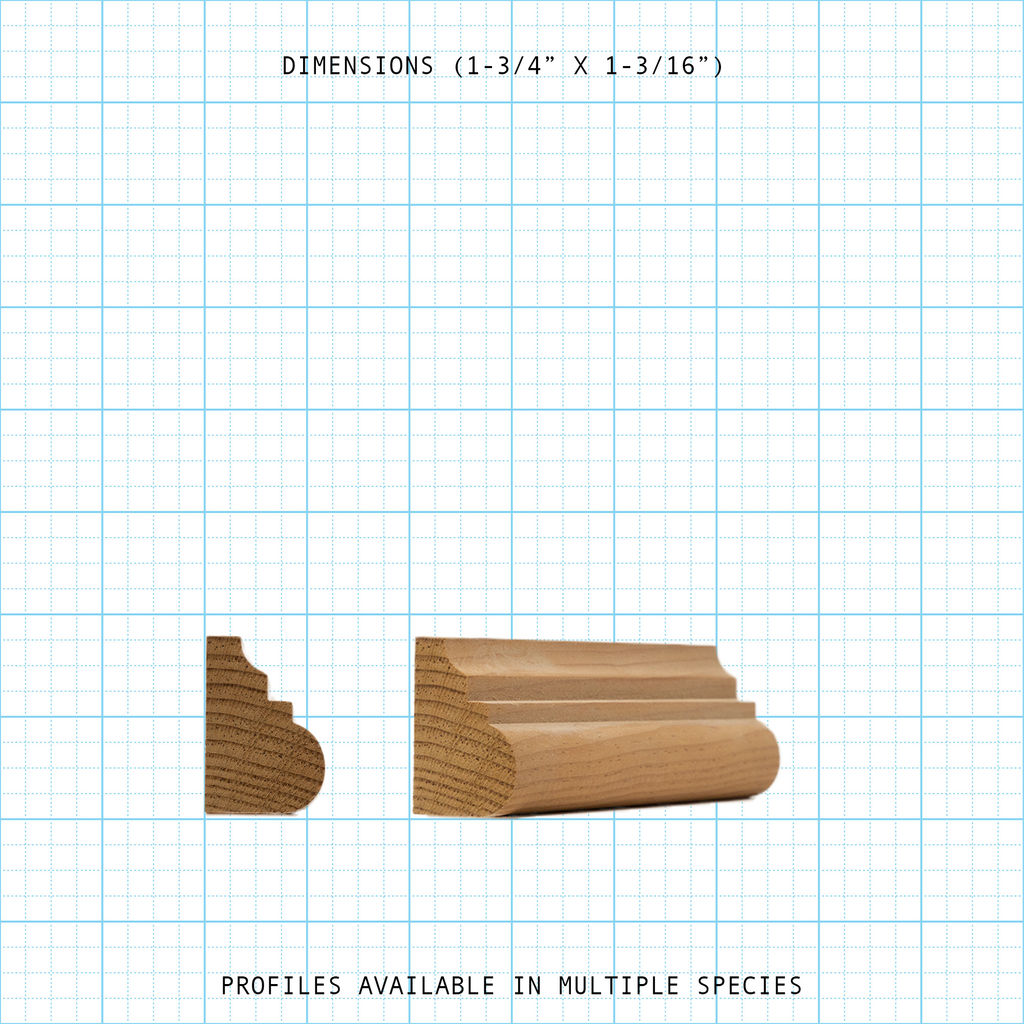 Wood base cap molding profile with dimensions and section view.