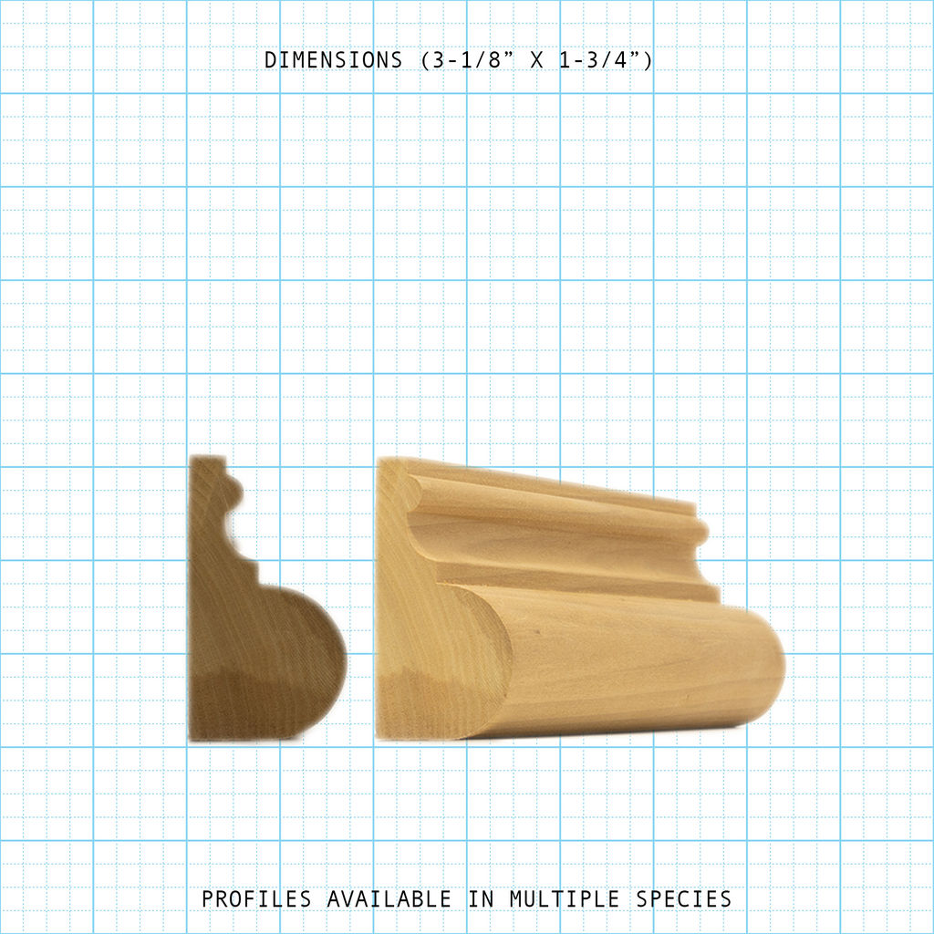 Wooden Base Cap molding profile with dimensions 3-1/8" x 1-3/4" on a grid background.