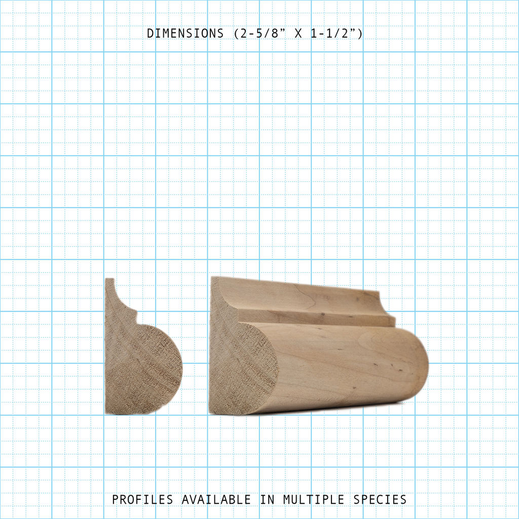 Wooden Base Cap moulding profile, measuring 2-5/8" x 1-1/2".