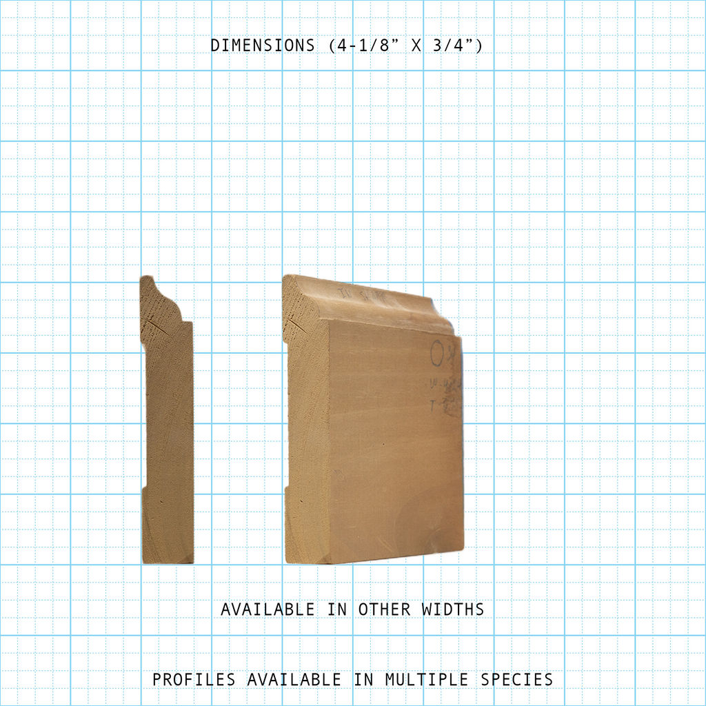 Unfinished wood base molding profile, 4-1/8" x 3/4", displayed in two views on a grid.