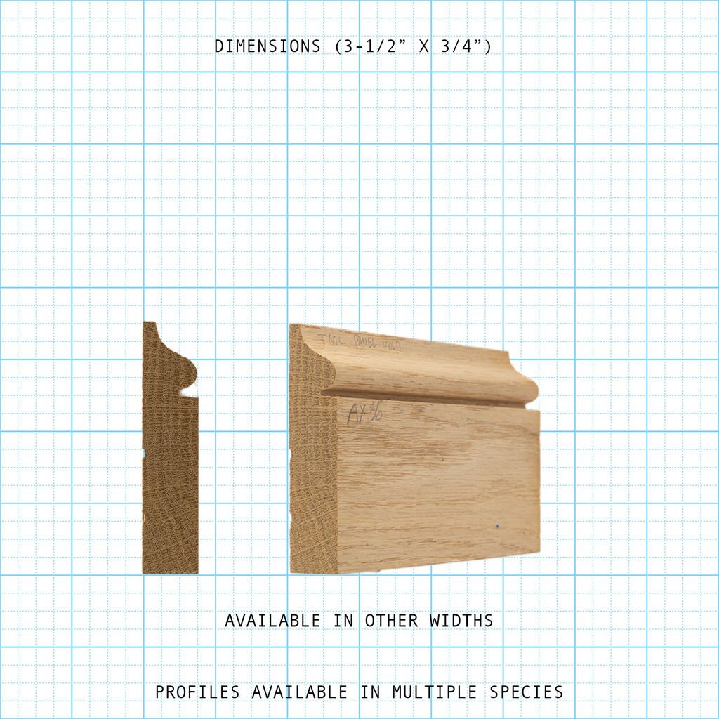 Wooden base molding profile, 3-1/2" x 3/4", shown with cross-section and 3D view on a grid.