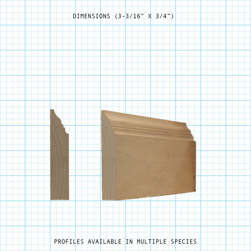 Wood base molding profile, 3-3/16" x 3/4" dimensions on a grid background