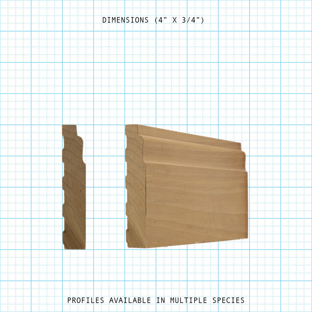 Unfinished wood base molding profile (4"x3/4") shown with side and end views on a grid.