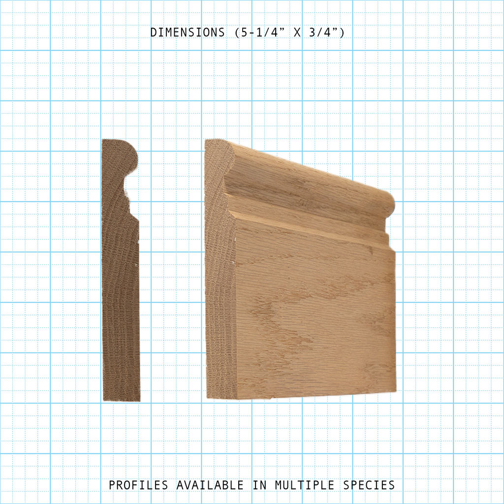 Profile and side view of wood base molding, 5-1/4" x 3/4" dimensions.