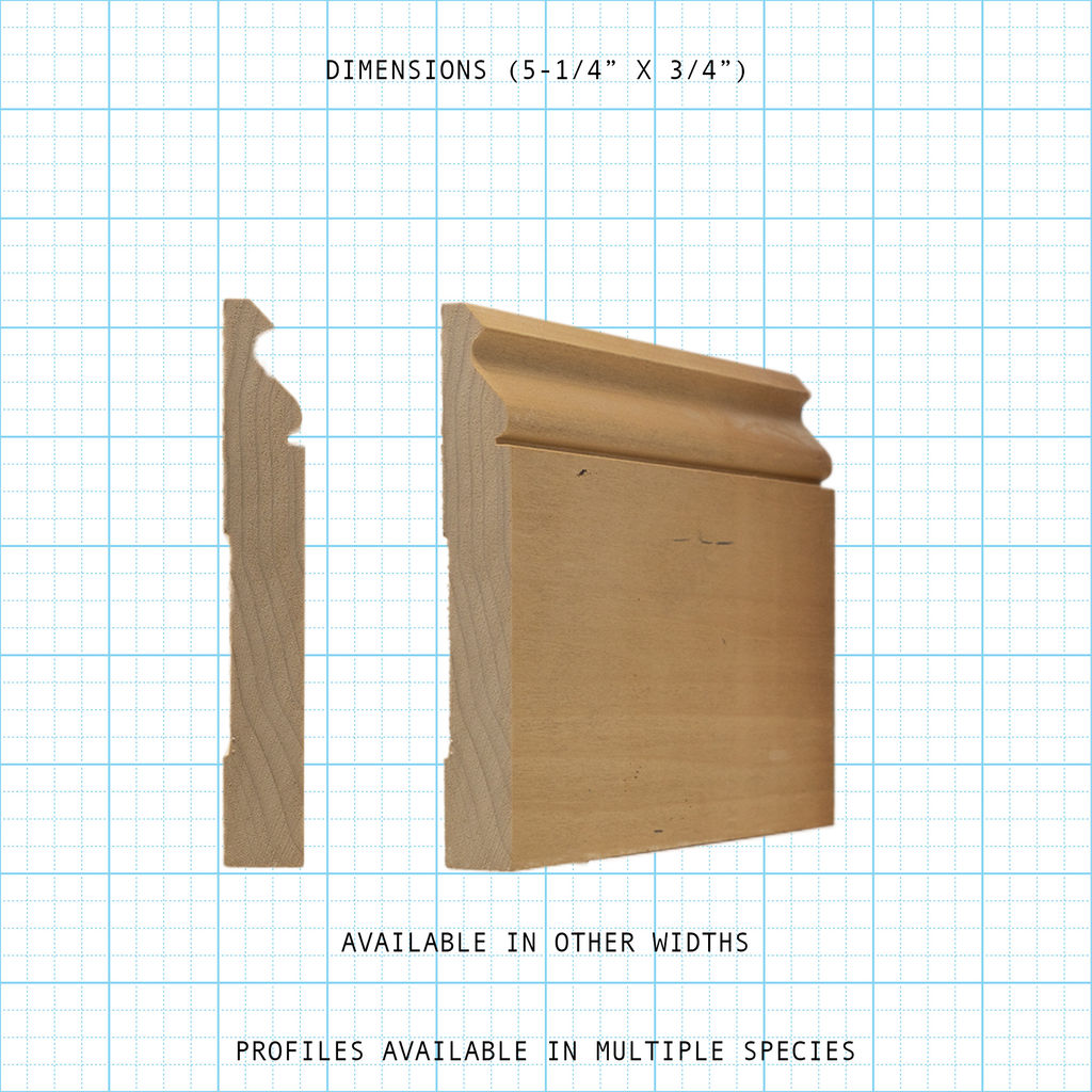 Natural wood base molding with detailed profile. Dimensions 5-1/4" x 3/4" shown on a grid.
