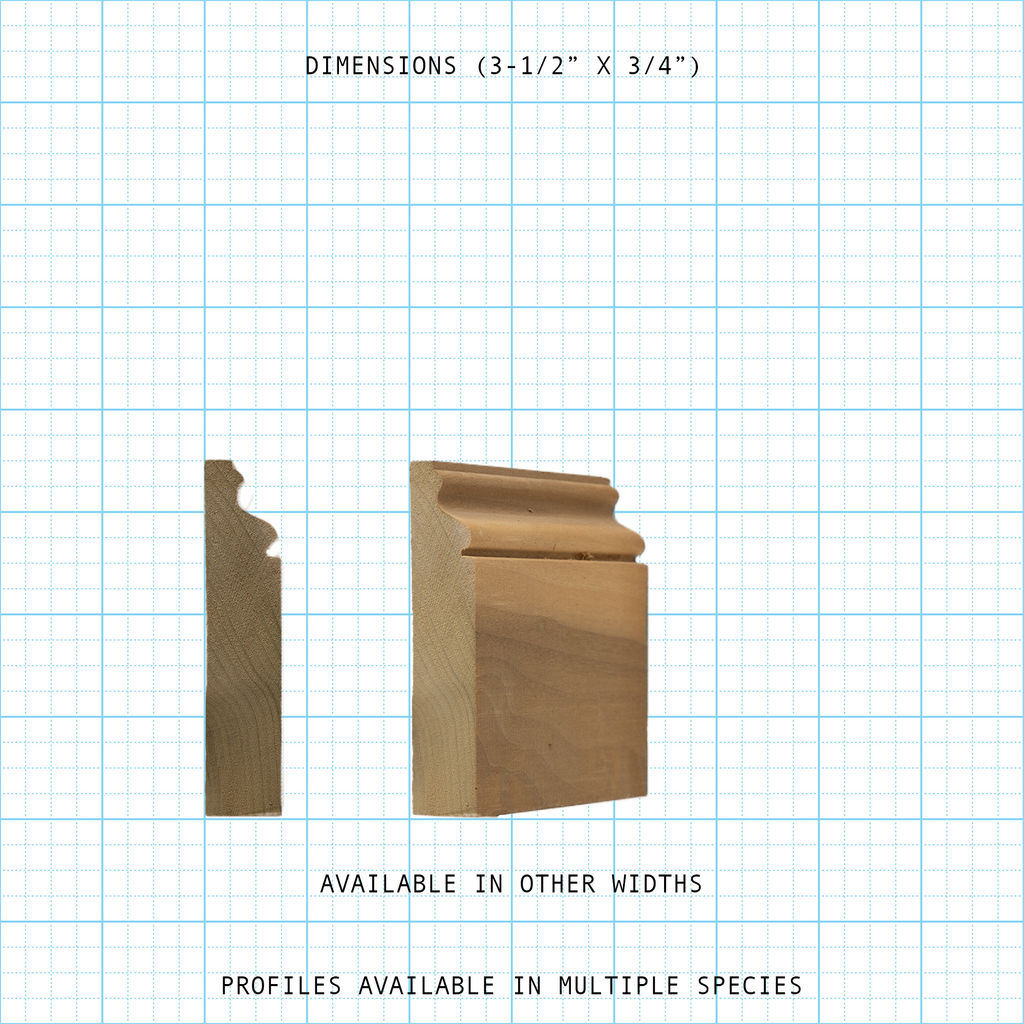 Unfinished wood base molding sample showing detailed profile and dimensions 3-1/2" x 3/4".