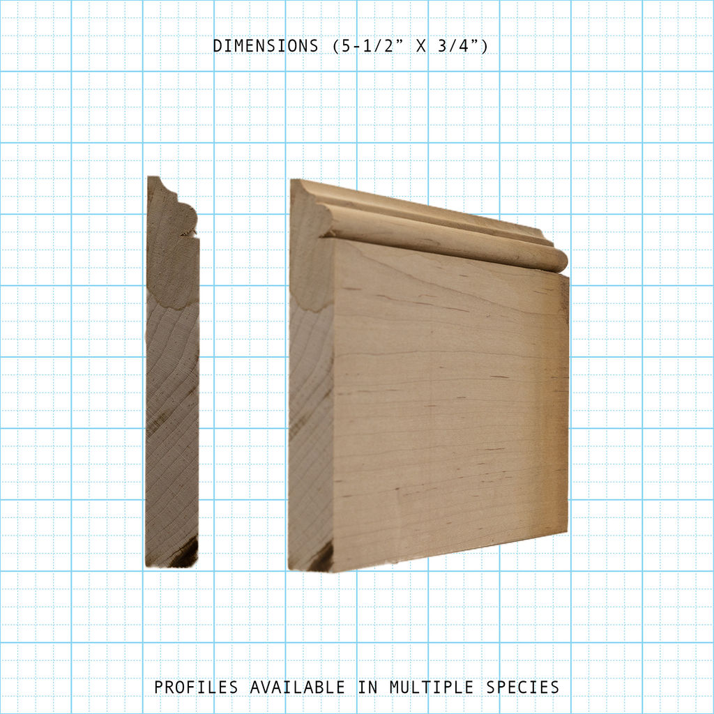 Detailed view of natural wood base molding profile, 5-1/2" x 3/4" dimensions.
