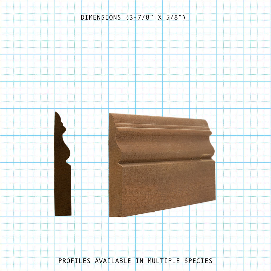 Decorative wood base molding, 3-7/8" x 5/8" dimensions shown on grid.