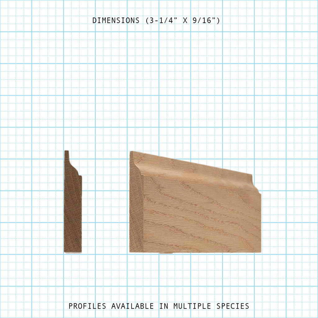Profile view of base molding in wood, showing 3-1/4" x 9/16" dimensions.