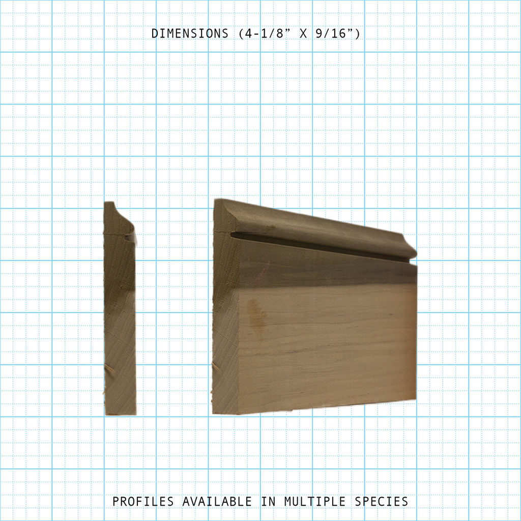 Two wood base molding profiles shown with dimensions 4-1/8" x 9/16".