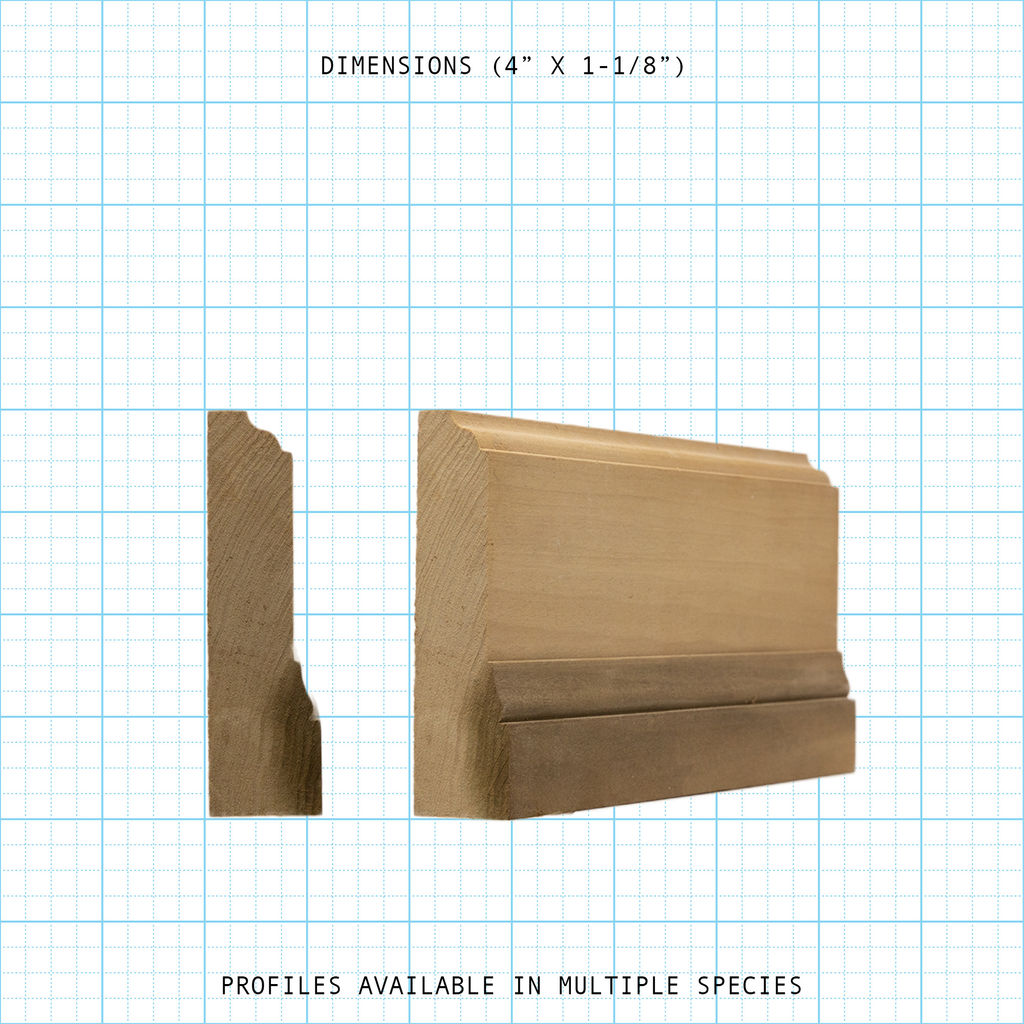 Base molding profile displaying dimensions 4" x 1-1/8" and wood grain.