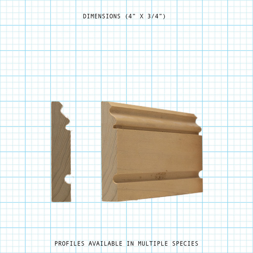 Classic wood base molding profile, 4" x 3/4" dimensions. Available in multiple species.