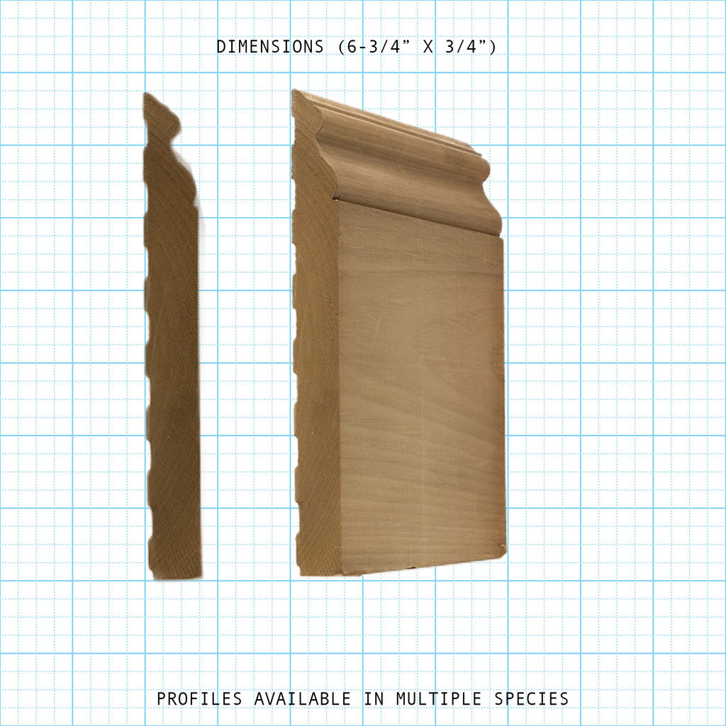 Unfinished wooden base molding with a decorative profile, 6-3/4" x 3/4" dimensions.