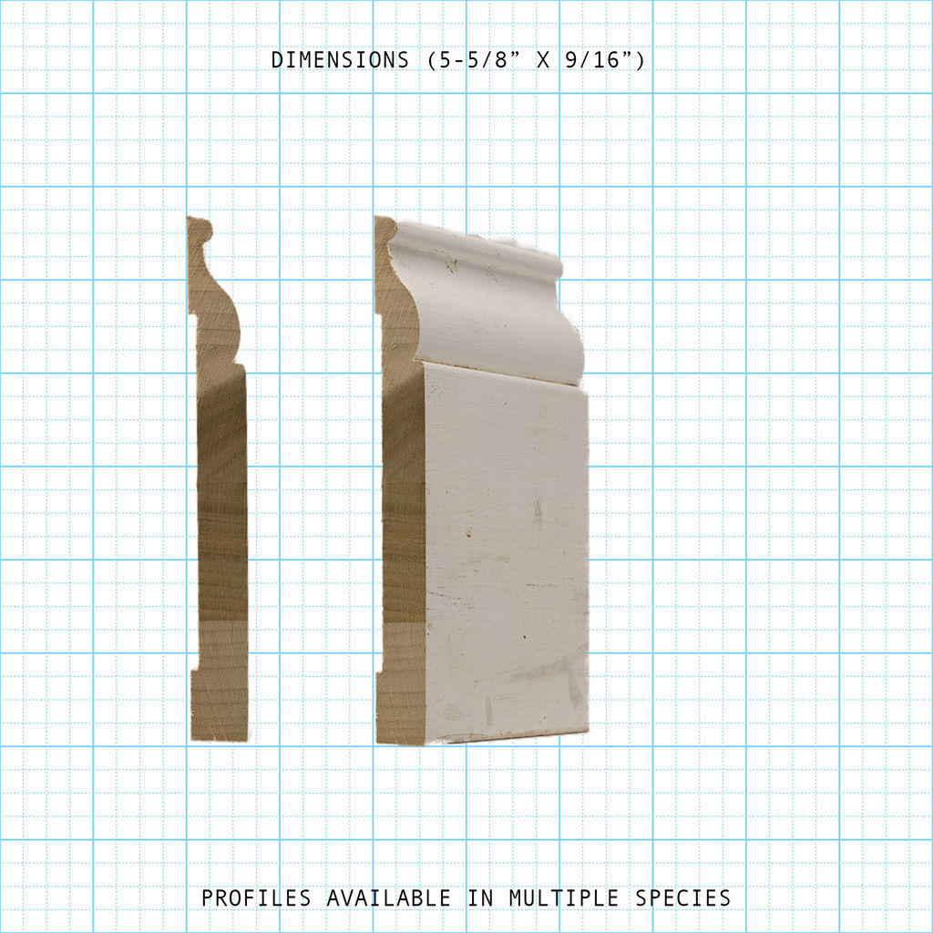 White painted and natural wood base molding profile (5-5/8 x 9/16 inches) on grid background.