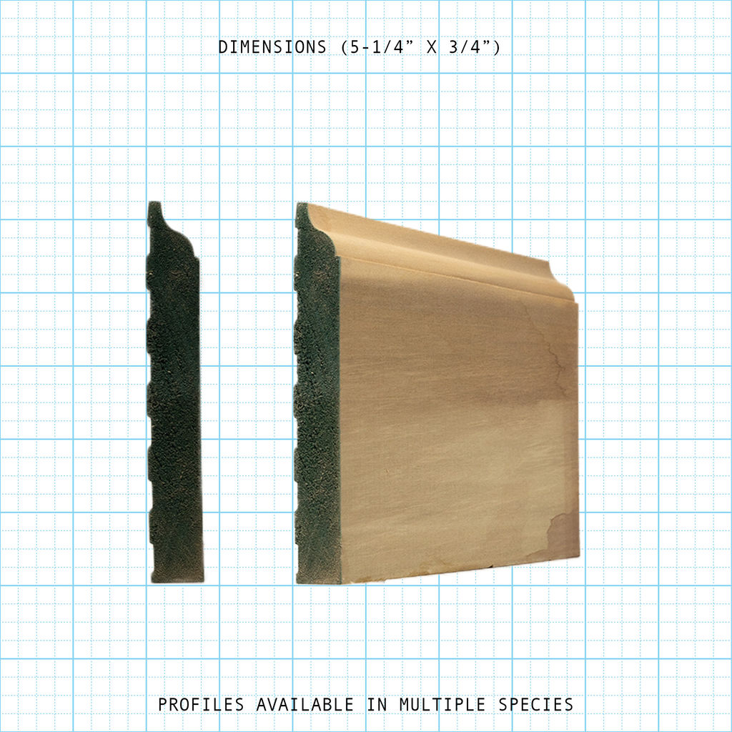 Detailed view of a wooden base molding profile, measuring 5-1/4" x 3/4", against a grid.