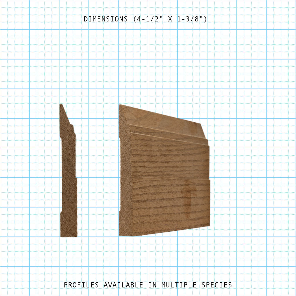 Oak base molding profile (4-1/2" x 1-3/8") with cross-section and side views on grid.