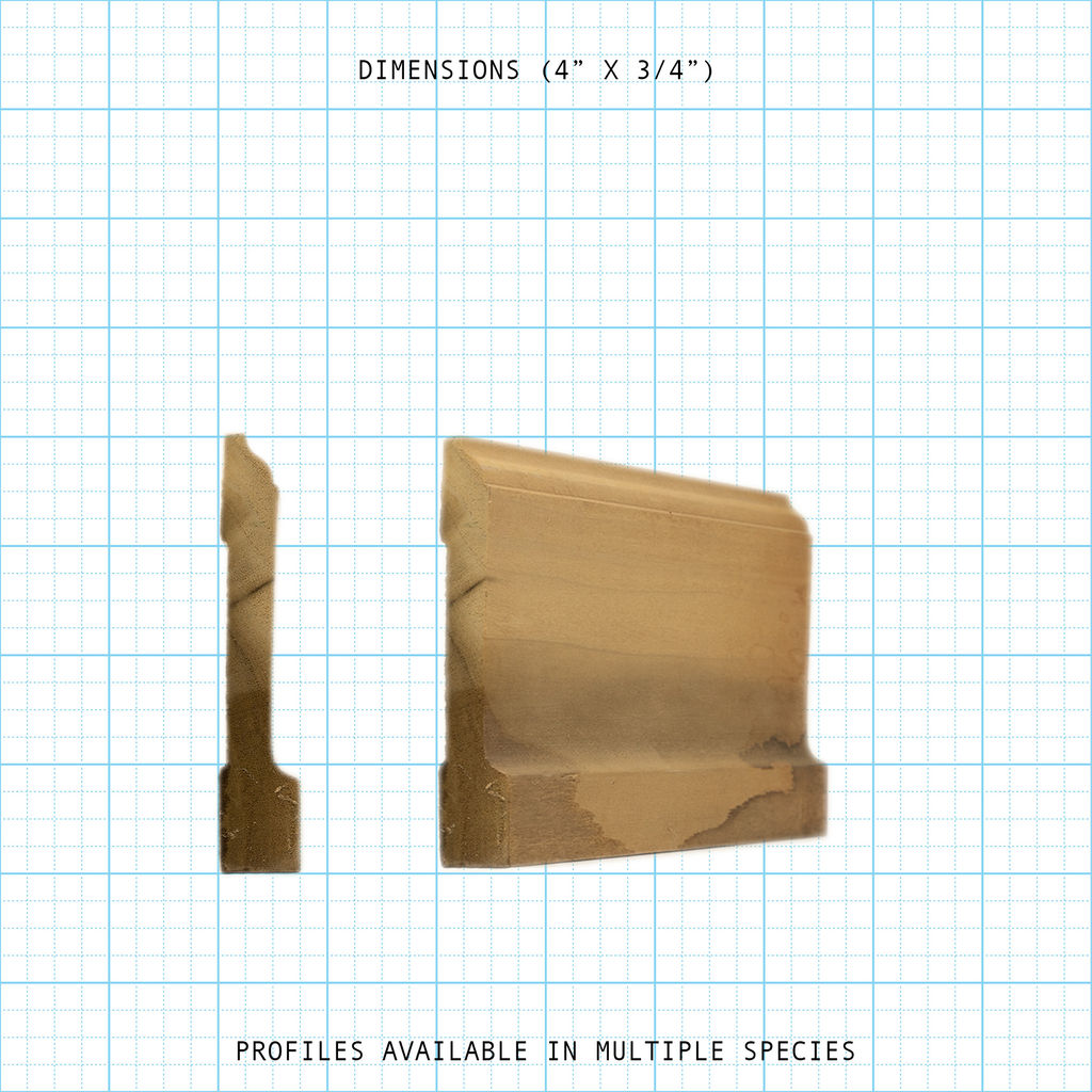Close-up of a 4" x 3/4" wood base molding, showing its profile and cross-section.