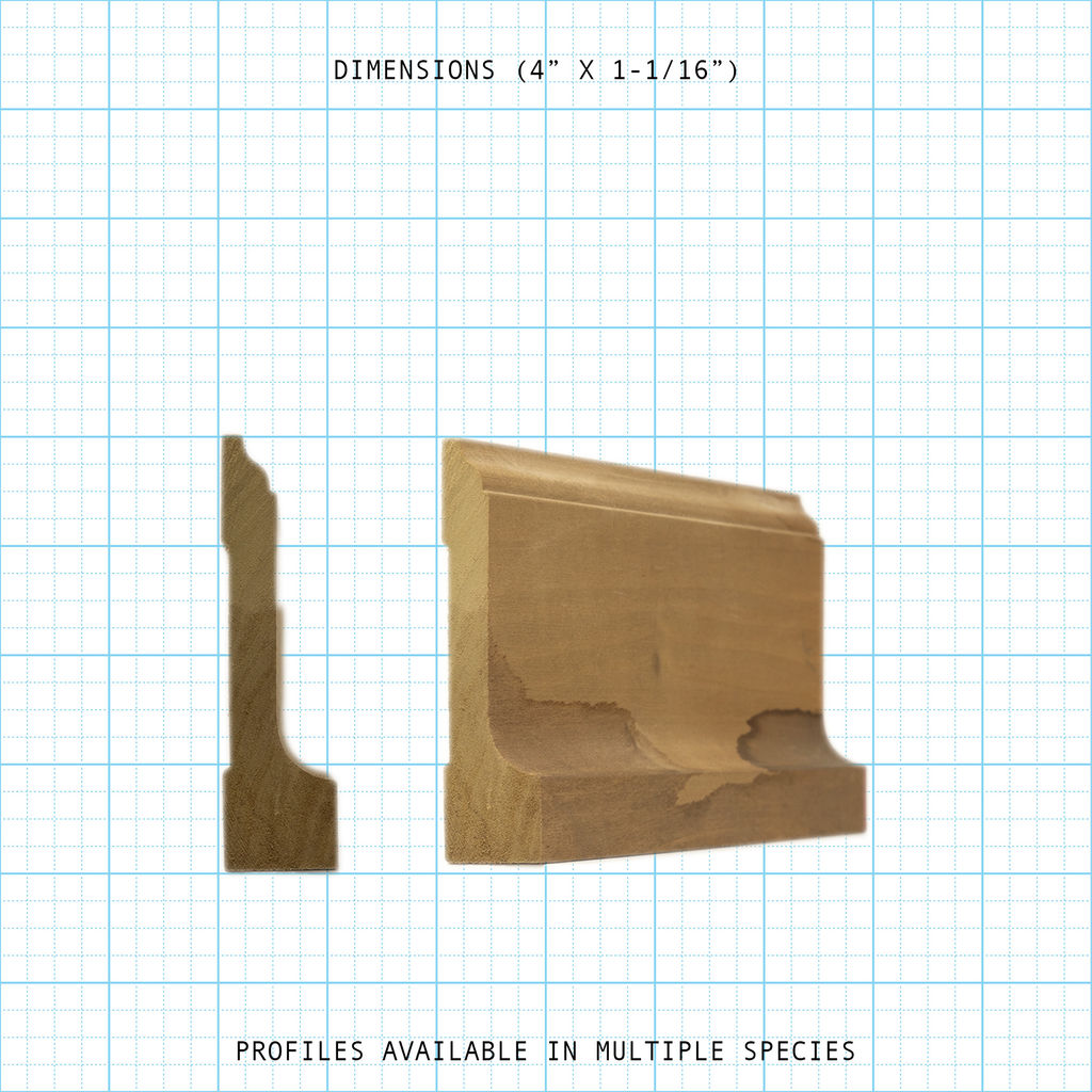 Wooden base molding profile, front view and cross-section, 4" x 1-1/16" dimensions, on a grid background