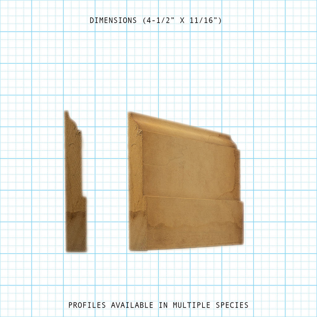 Wooden base molding with 4-1/2" x 11/16" profile, shown from front and side views on a grid.