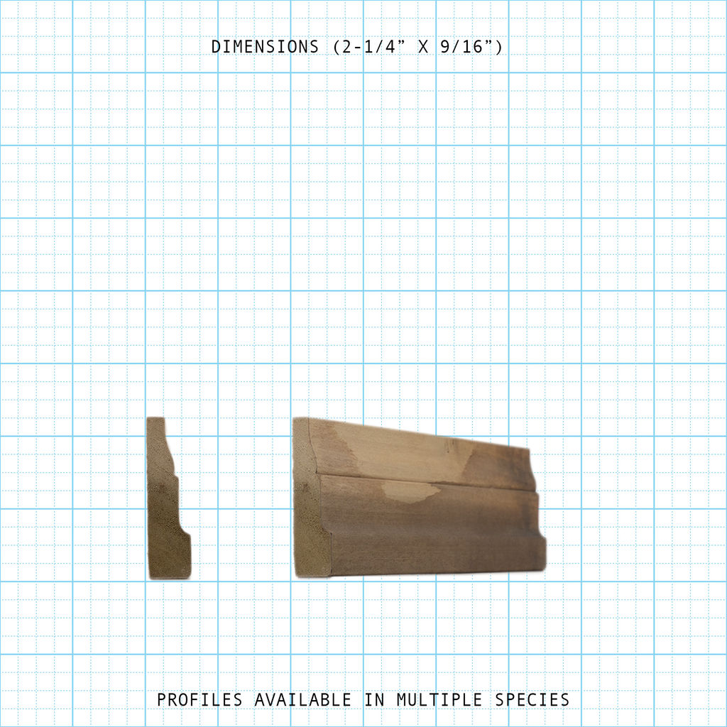 Detailed profile and end view of 2-1/4" x 9/16" base molding on a grid background