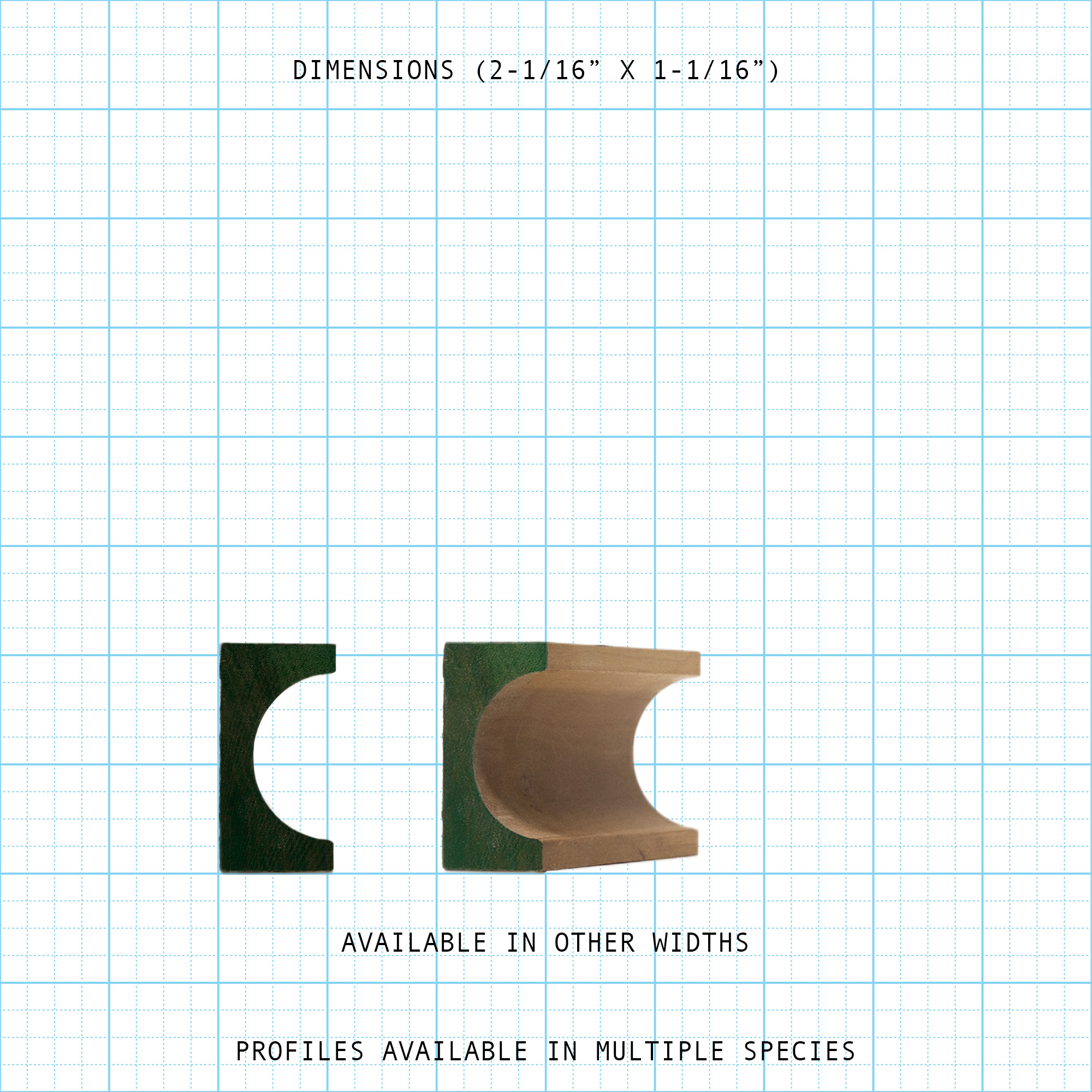 2-1/16" x 1-1/16" bead cove wood molding profile, shown in cross-section and 3D view.