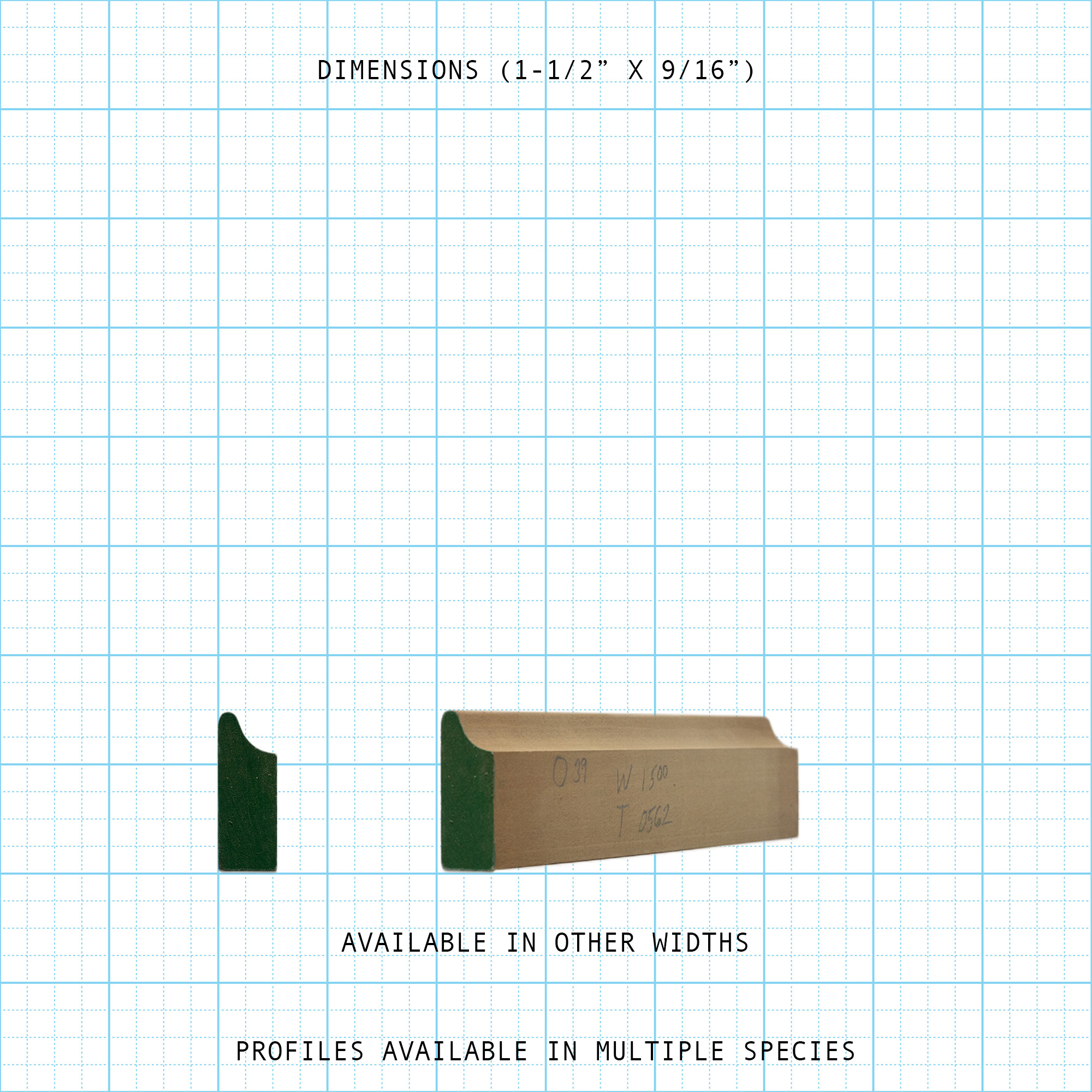 Wood bead cove molding profile, 1-1/2" x 9/16" dimensions, available in various widths and species.